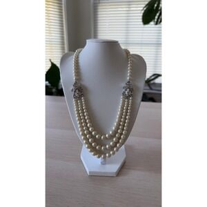 Vintage Style Art Deco 3-Strand Faux Pearl Rhinestone Statement Necklace Cream